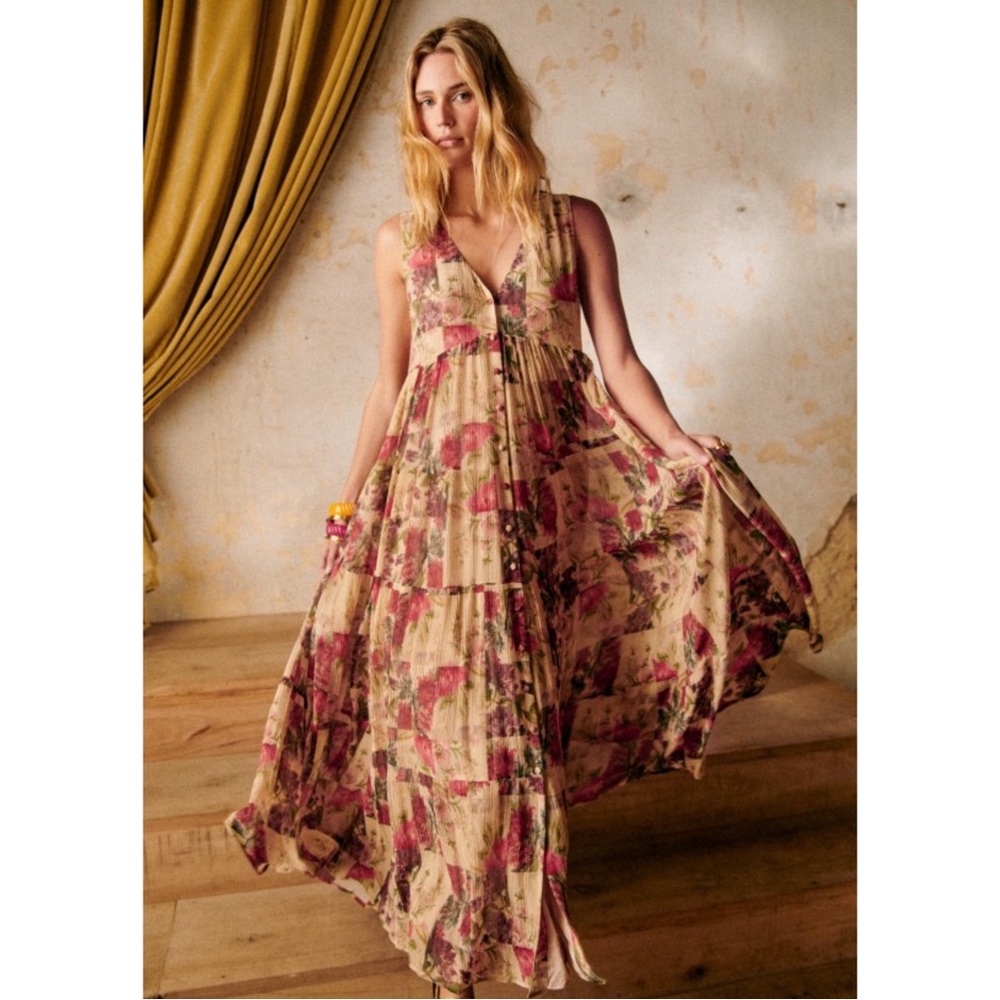 SEZANE Cream Red Rose Floral Patchwork Sleeveless Flowy Silk Alameda Maxi Dress